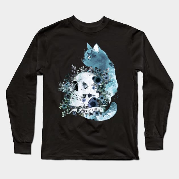 Blue cat and botanic Skull with flowers, memento mori, cat skull, witch, goth, watercolor Long Sleeve T-Shirt by Collagedream